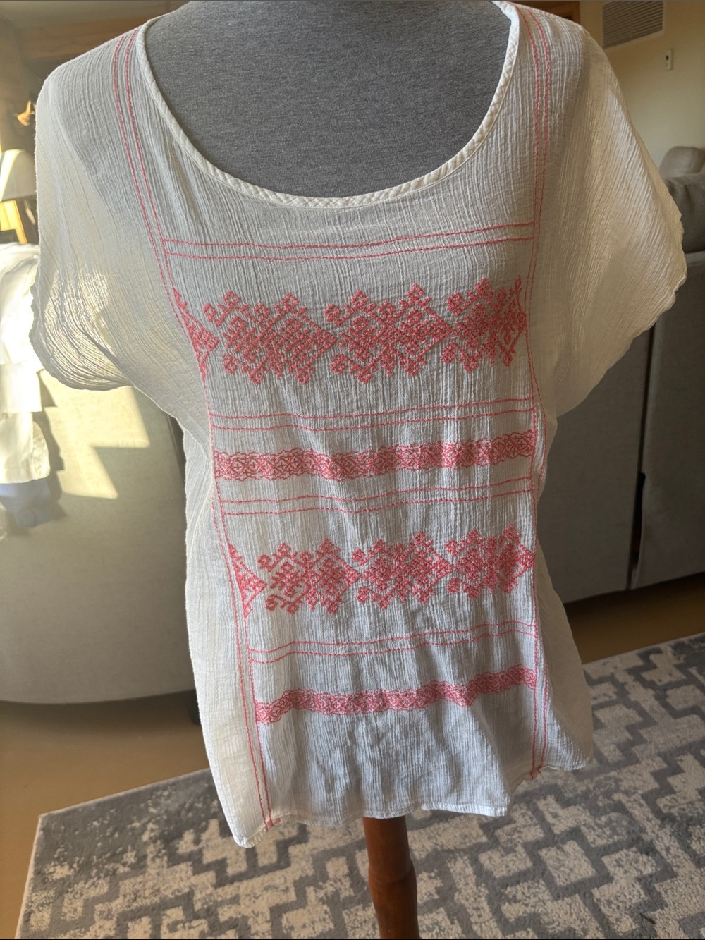 Sonoma White Gauze Blouse with Pink Embroidery